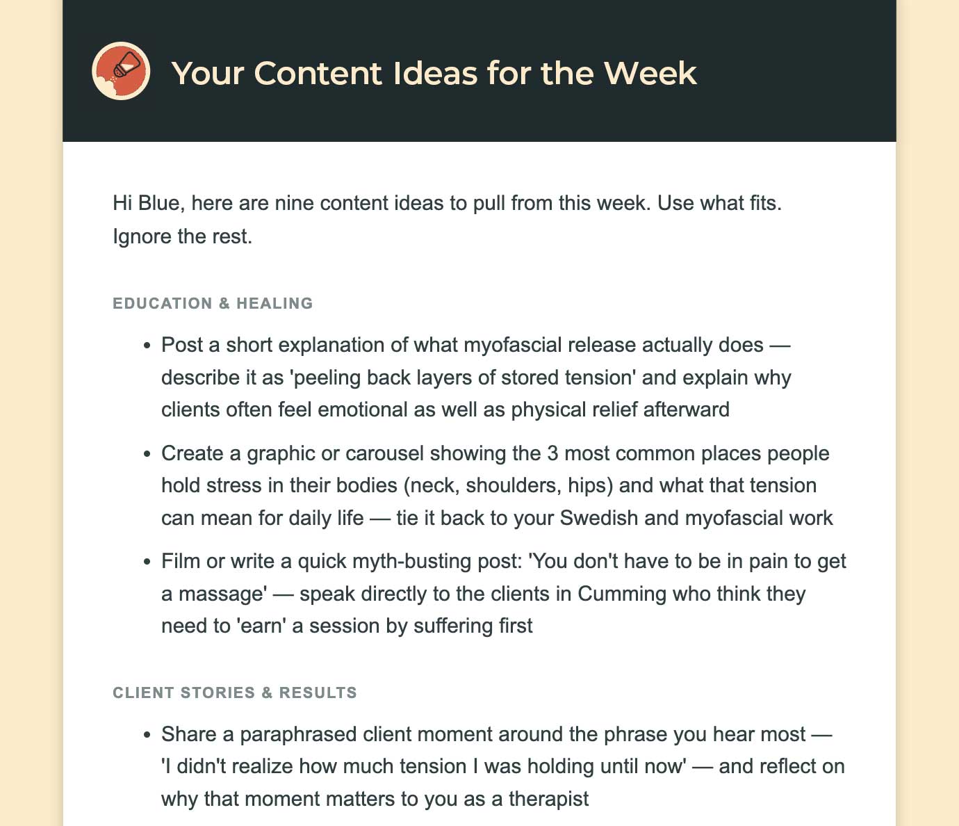 A Salty Carbs weekly email with ready-to-use content ideas for a massage practice